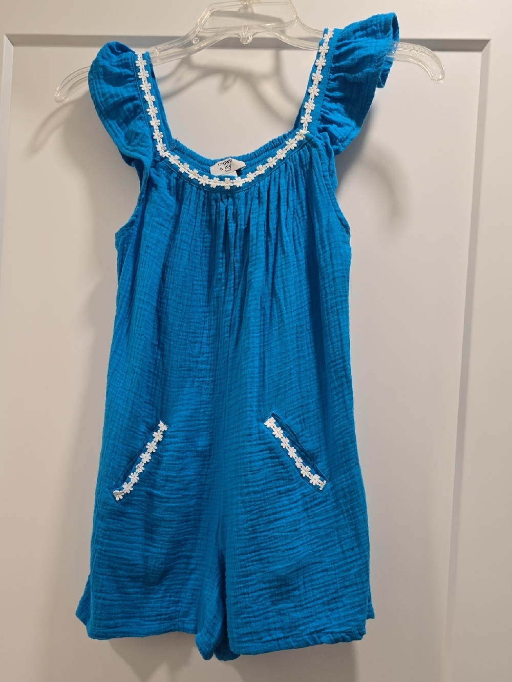 crown & ivy Bright Blue Girls' Cotton Romper with White Floral Trim